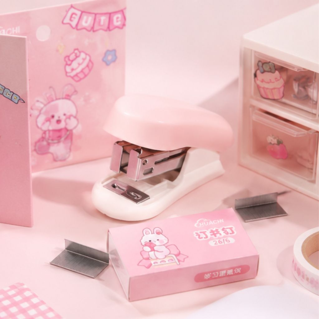 Dập ghim mini hoạt hình Chibi dễ thương kèm ghim bấm giấy pastel