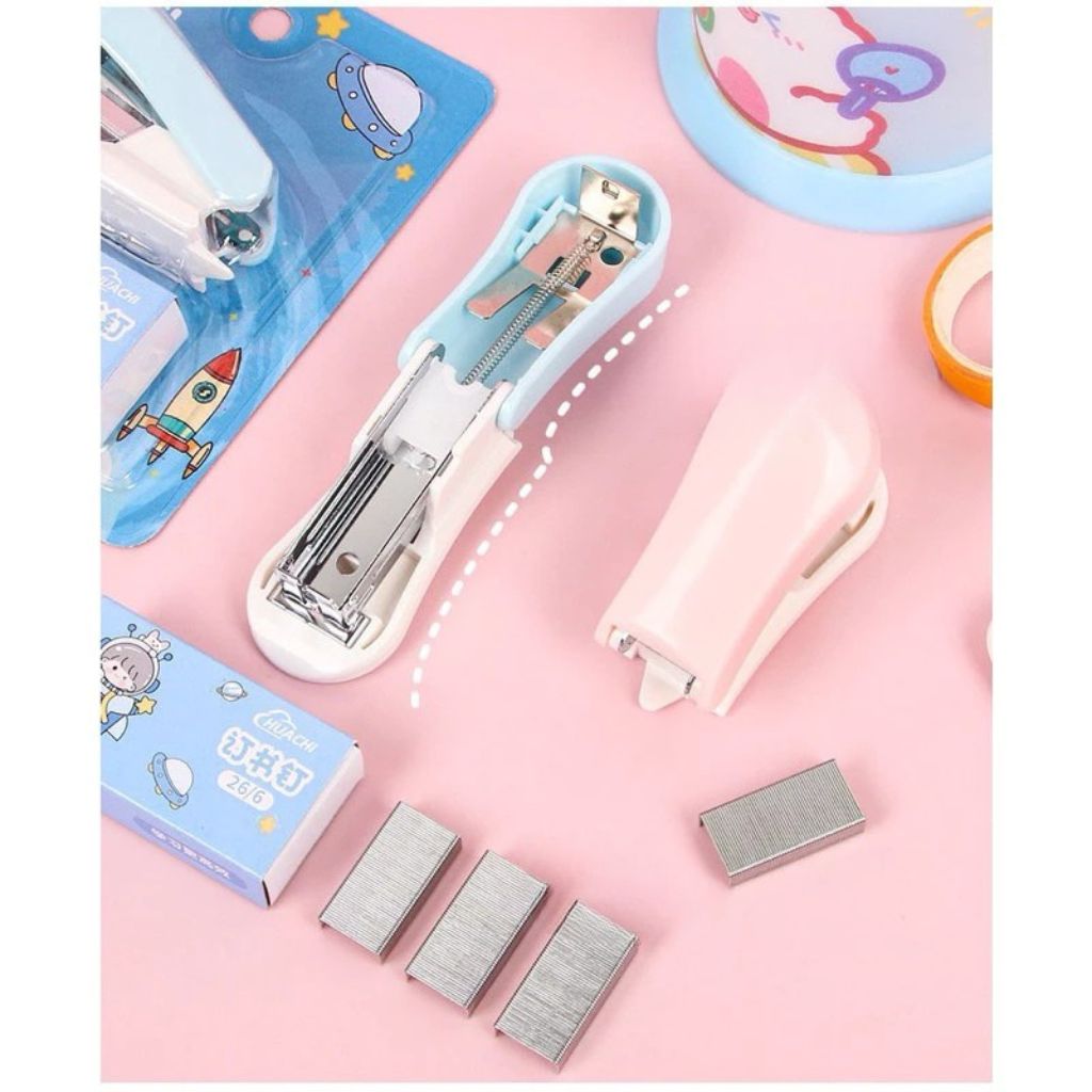 Dập ghim mini hoạt hình Chibi dễ thương kèm ghim bấm giấy pastel - Ảnh 4