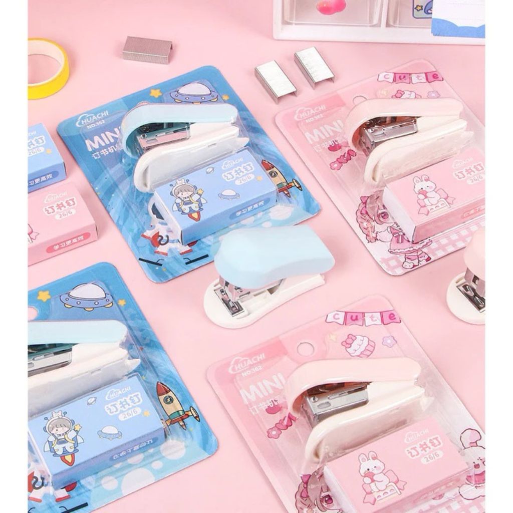Dập ghim mini hoạt hình Chibi dễ thương kèm ghim bấm giấy pastel