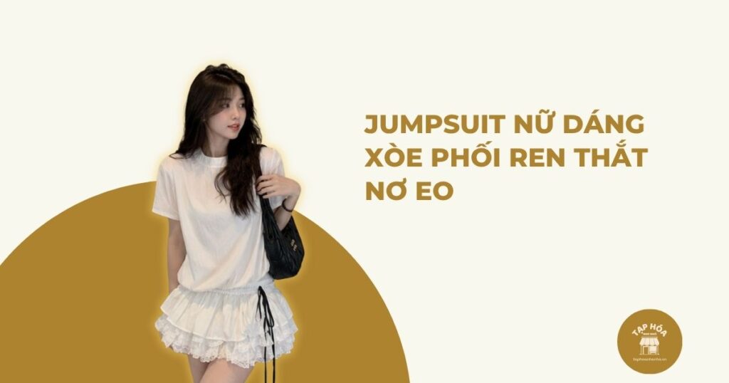Jumpsuit nữ dáng xòe phối ren thắt nơ eo
