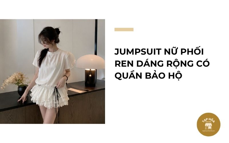 Jumpsuit nữ phối ren dáng rộng có quần bảo hộ
