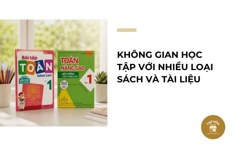 Không gian học tập với nhiều loại sách và tài liệu