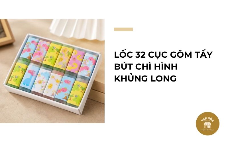 Lốc 32 cục gôm tẩy bút chì hình khủng long