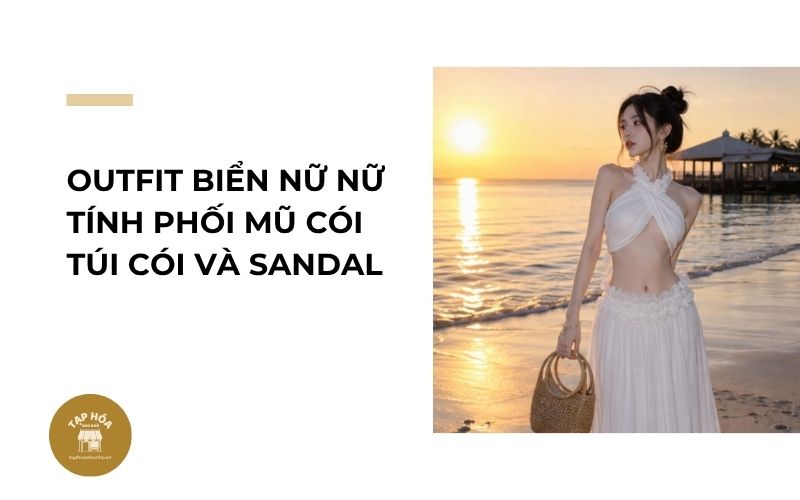 Outfit biển nữ nữ tính phối mũ cói túi cói và sandal