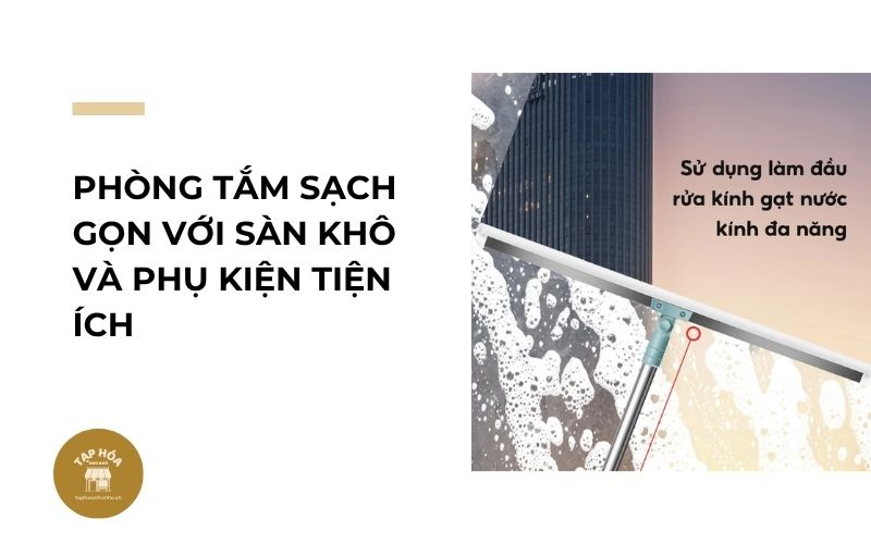 Phòng tắm sạch gọn với sàn khô và phụ kiện tiện ích