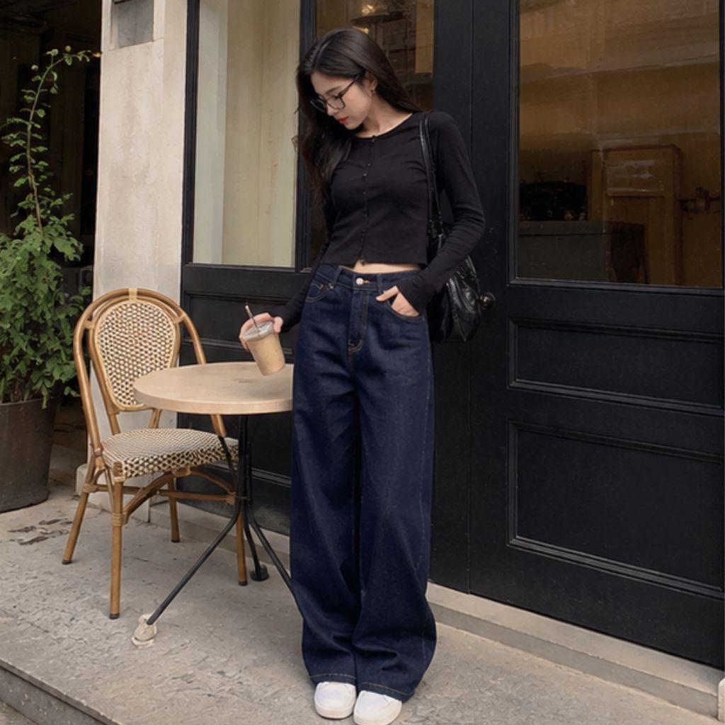 Quần jeans ống rộng nữ cạp cao premium vibe thu đông