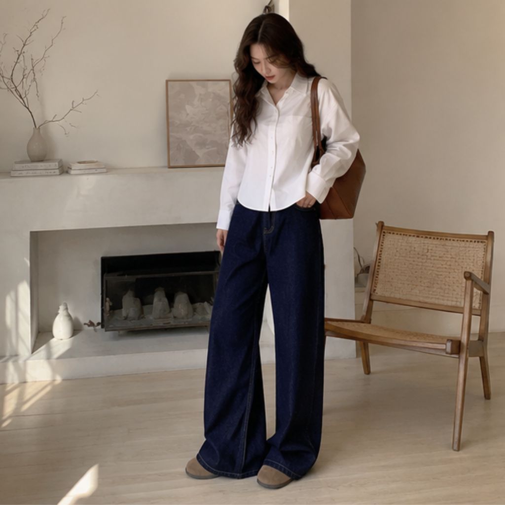 Quần jeans ống rộng nữ cạp cao premium vibe thu đông - Ảnh 3