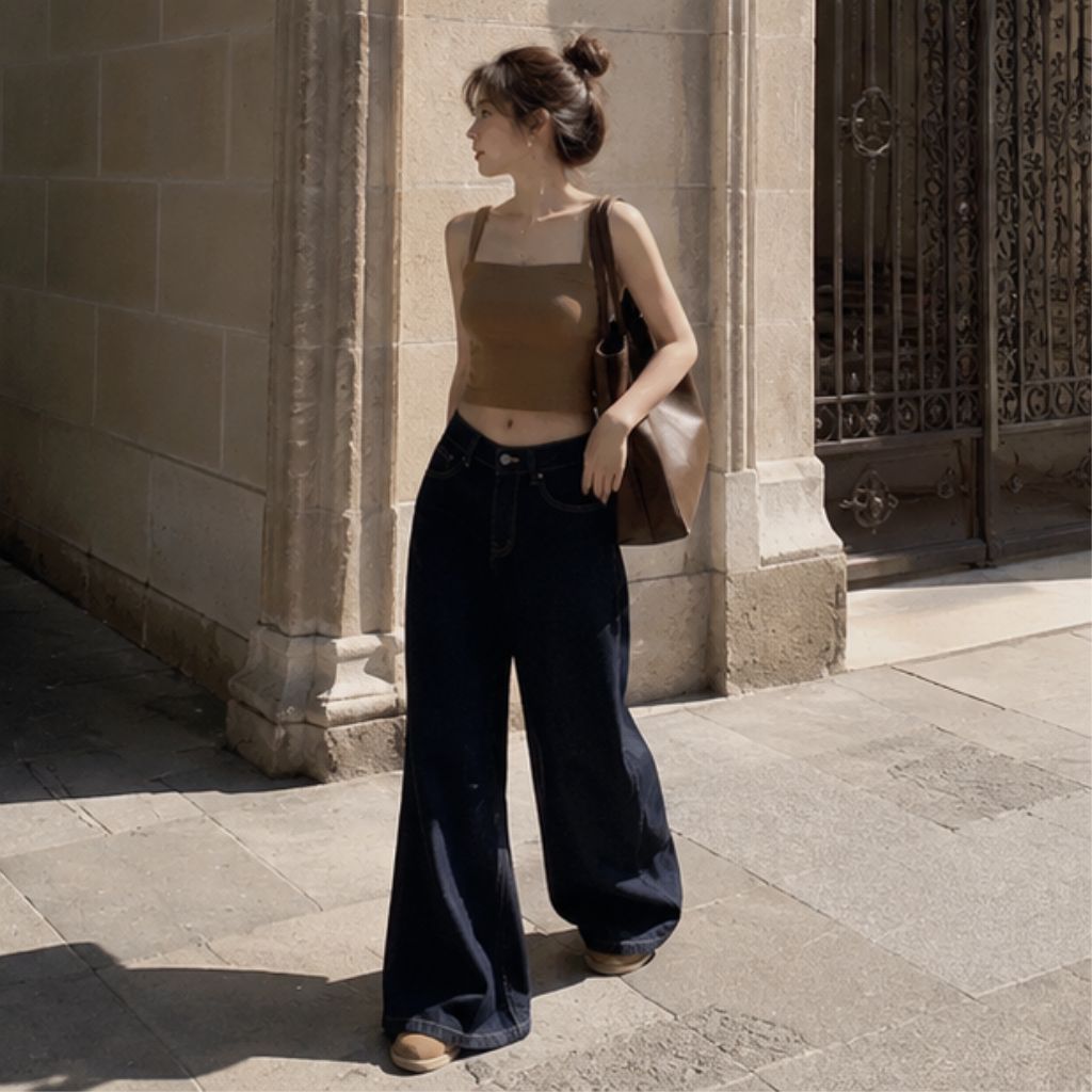 Quần jeans ống rộng nữ cạp cao premium vibe thu đông - Ảnh 4