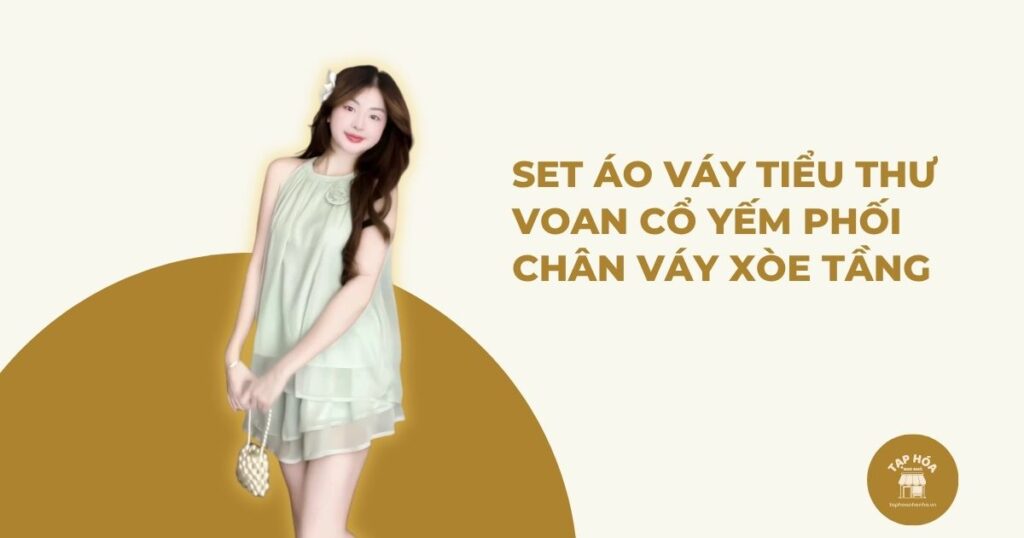 Set áo váy tiểu thư voan cổ yếm phối chân váy xòe tầng