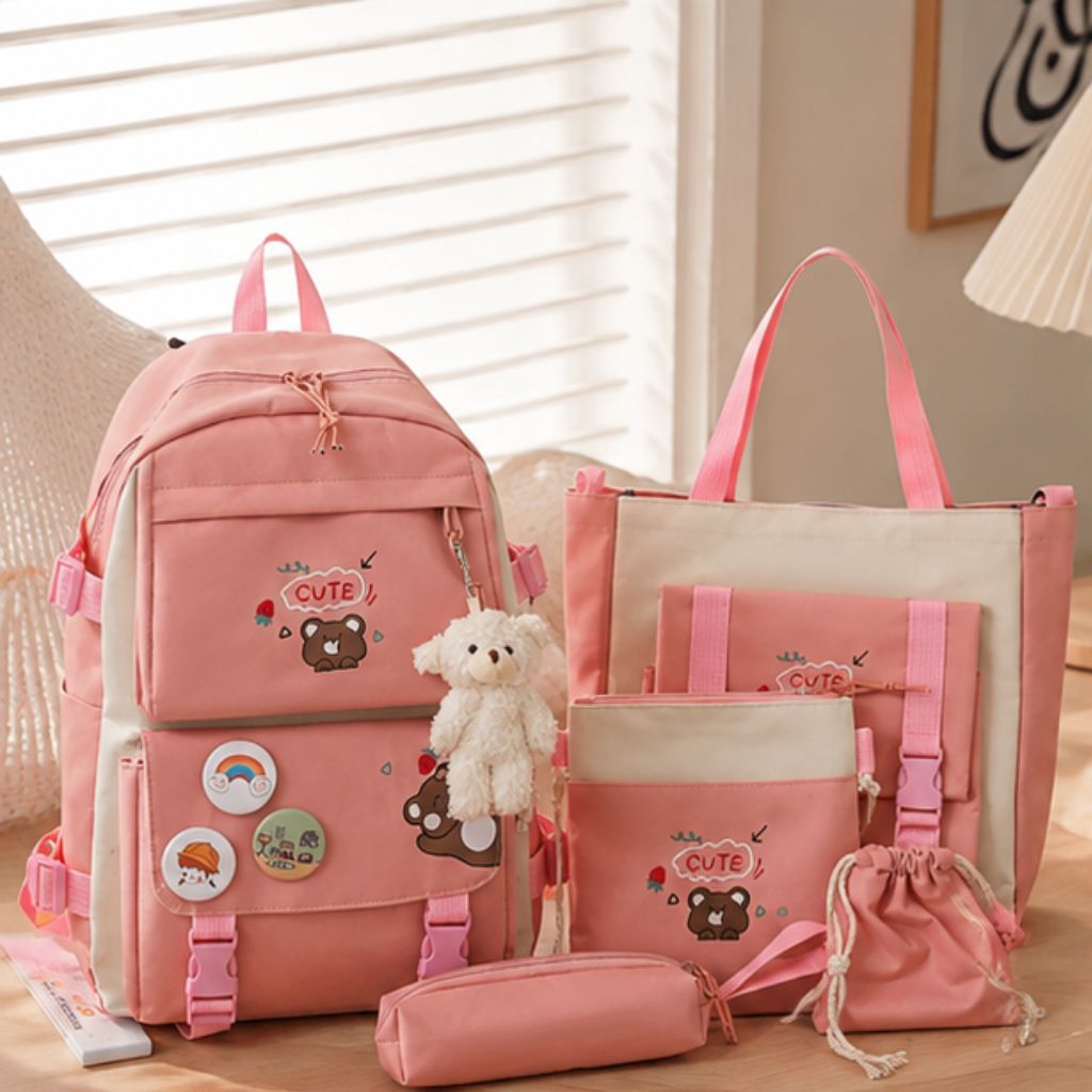 Set balo đi học nữ 4 món gấu cute vải canvas phong cách Hàn - Ảnh 2