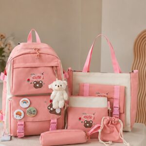 Set balo đi học nữ 4 món gấu cute vải canvas phong cách Hàn