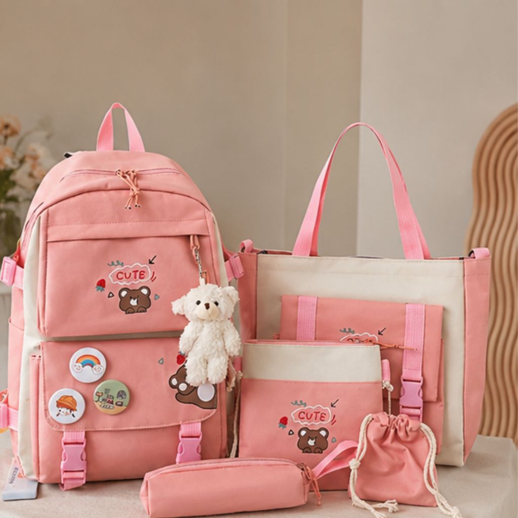 Set balo đi học nữ 4 món gấu cute vải canvas phong cách Hàn