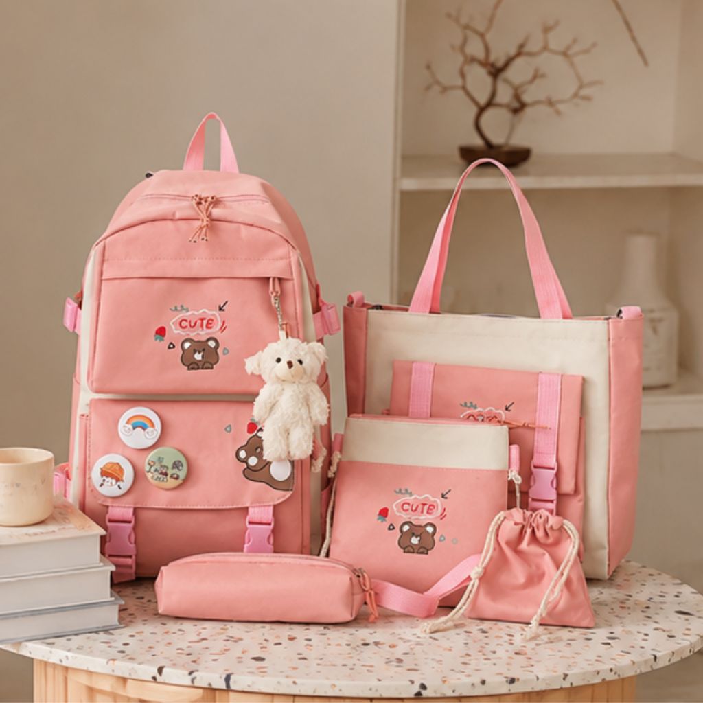 Set balo đi học nữ 4 món gấu cute vải canvas phong cách Hàn - Ảnh 3