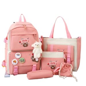 Set balo đi học nữ 4 món gấu cute vải canvas phong cách Hàn