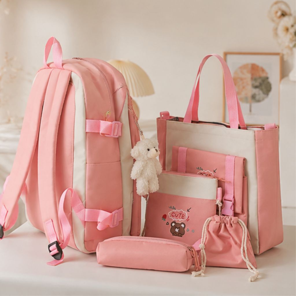 Set balo đi học nữ 4 món gấu cute vải canvas phong cách Hàn - Ảnh 4