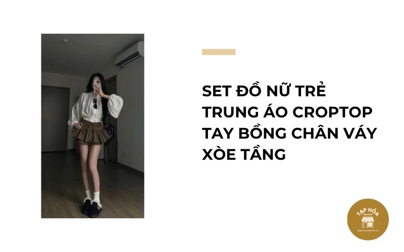 Set đồ nữ trẻ trung áo croptop tay bồng chân váy xòe tầng