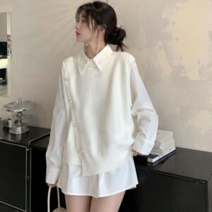 Set sơ mi gile nữ dệt kim phong cách Hàn Quốc