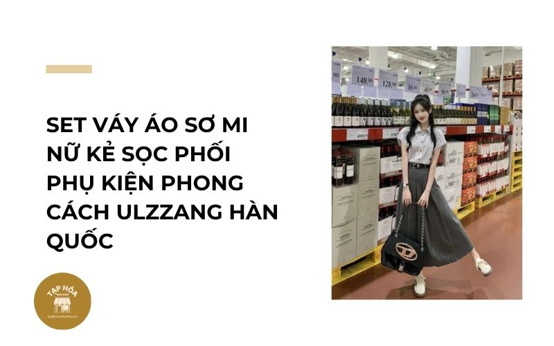 Set váy áo sơ mi nữ kẻ sọc phối phụ kiện phong cách Ulzzang Hàn Quốc