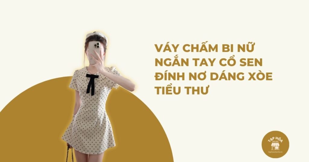 Váy chấm bi nữ ngắn tay cổ sen đính nơ dáng xòe tiểu thư
