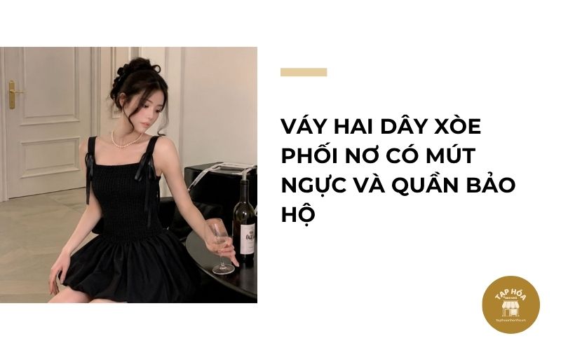 Váy hai dây xòe phối nơ có mút ngực và quần bảo hộ