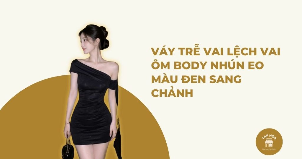 Váy trễ vai lệch vai ôm body nhún eo màu đen sang chảnh