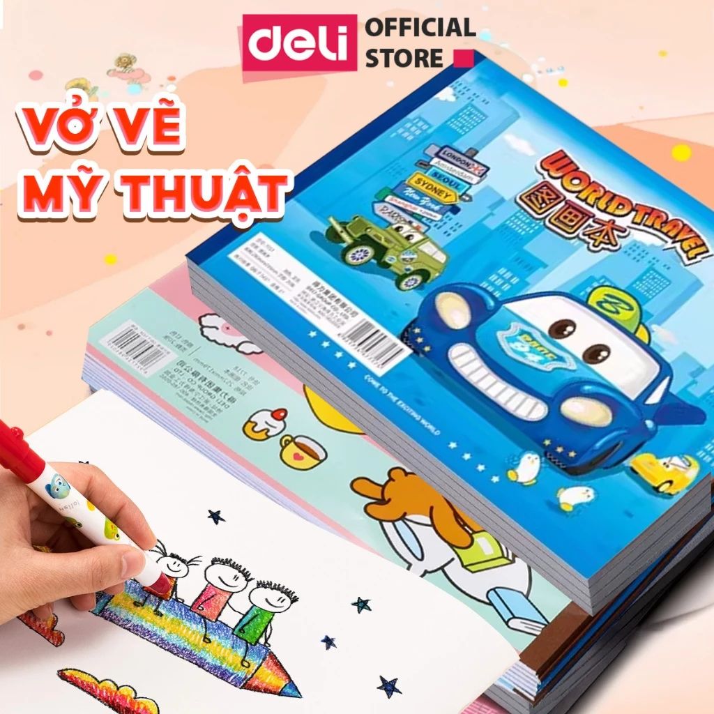 Vở vẽ học sinh Deli A4 B5 giấy dày mịn tập vẽ tô màu cho bé
