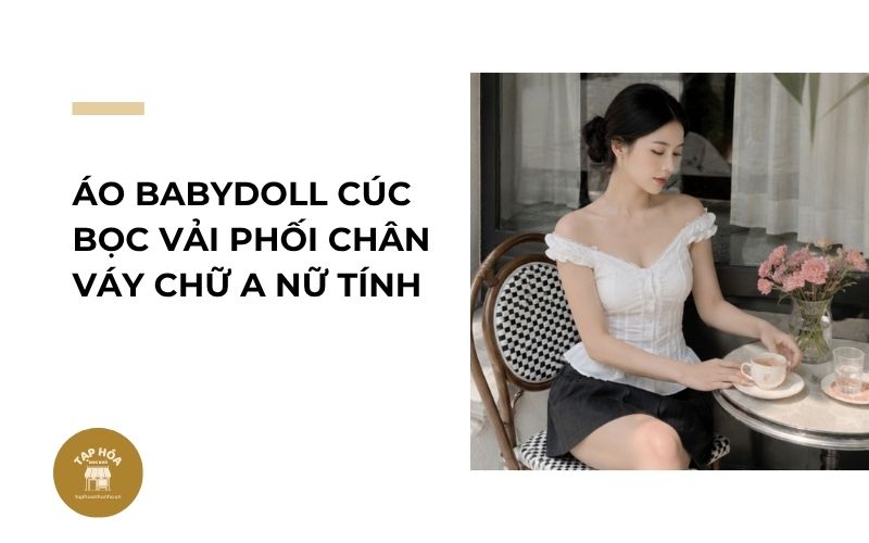 Áo babydoll cúc bọc vải phối chân váy chữ A nữ tính