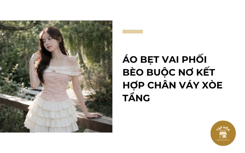 Áo bẹt vai phối bèo buộc nơ kết hợp chân váy xòe tầng