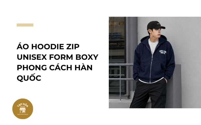 Áo hoodie zip unisex form boxy phong cách Hàn Quốc
