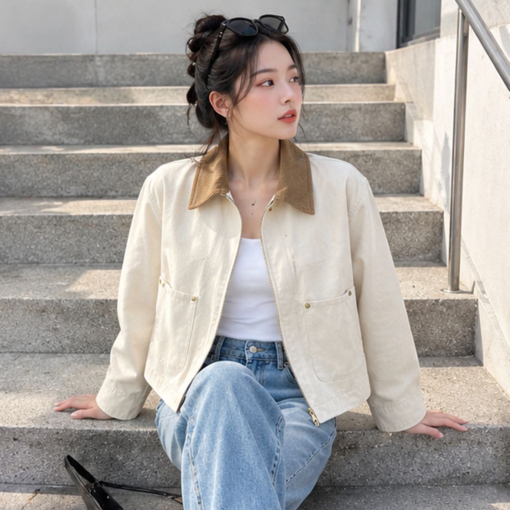 Áo khoác canvas dáng ngắn unisex phối cổ nhung tăm retro - Ảnh 3