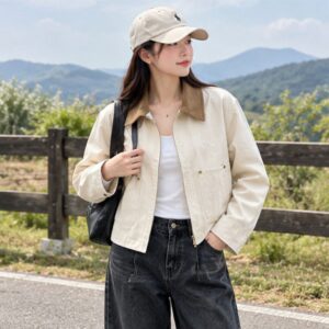 Áo khoác canvas dáng ngắn unisex phối cổ nhung tăm retro