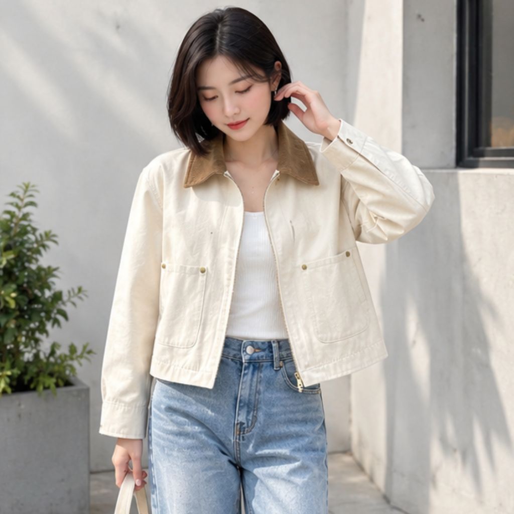 Áo khoác canvas dáng ngắn unisex phối cổ nhung tăm retro - Ảnh 4