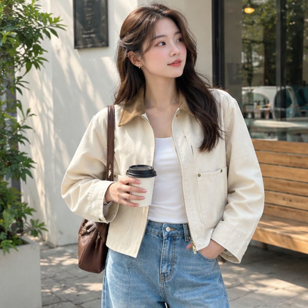 Áo khoác canvas dáng ngắn unisex phối cổ nhung tăm retro - Ảnh 2