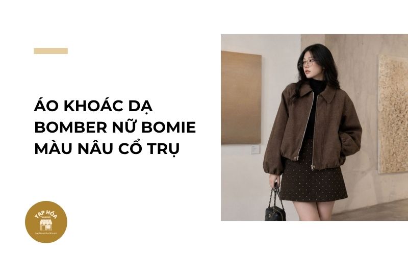 Áo khoác dạ bomber nữ BOMIE màu nâu cổ trụ