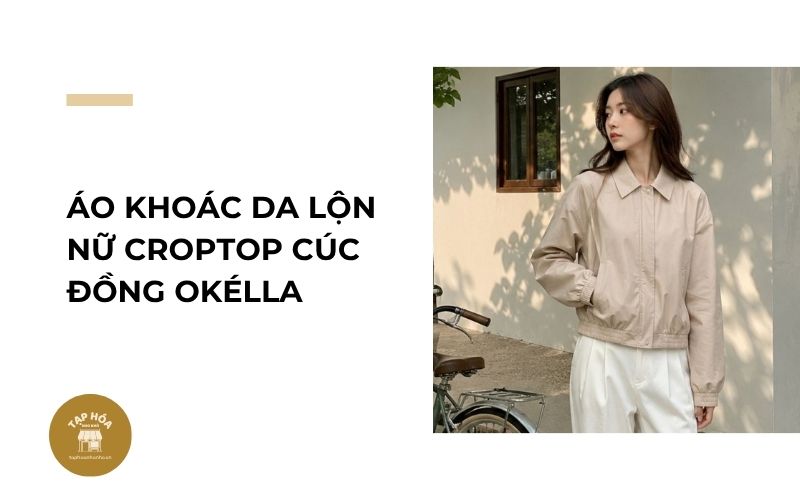 Áo khoác da lộn nữ croptop cúc đồng Okélla