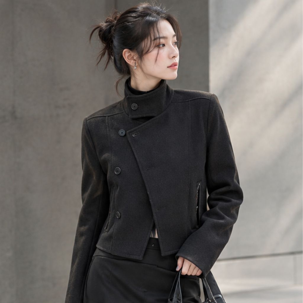 Áo khoác dạ vạt chéo cổ bẻ cổ cao giữ ấm mùa đông trendy