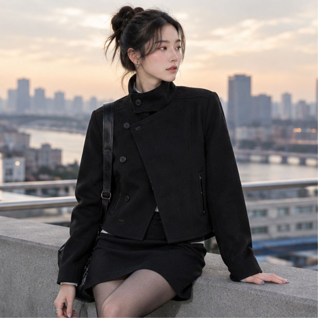 Áo khoác dạ vạt chéo cổ bẻ cổ cao giữ ấm mùa đông trendy - Ảnh 4