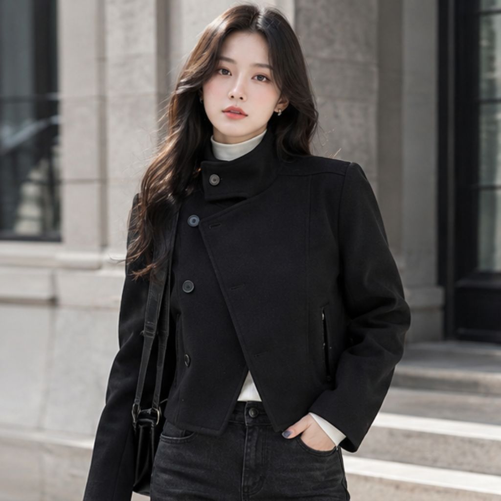 Áo khoác dạ vạt chéo cổ bẻ cổ cao giữ ấm mùa đông trendy - Ảnh 2