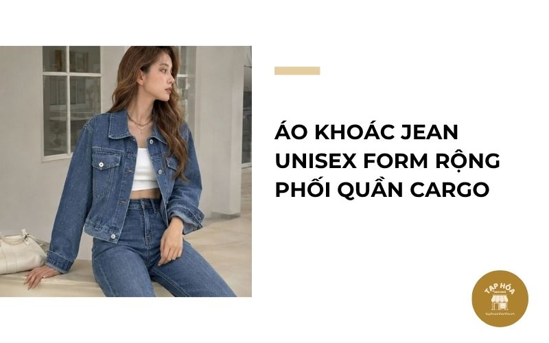 Áo khoác jean unisex form rộng phối quần cargo