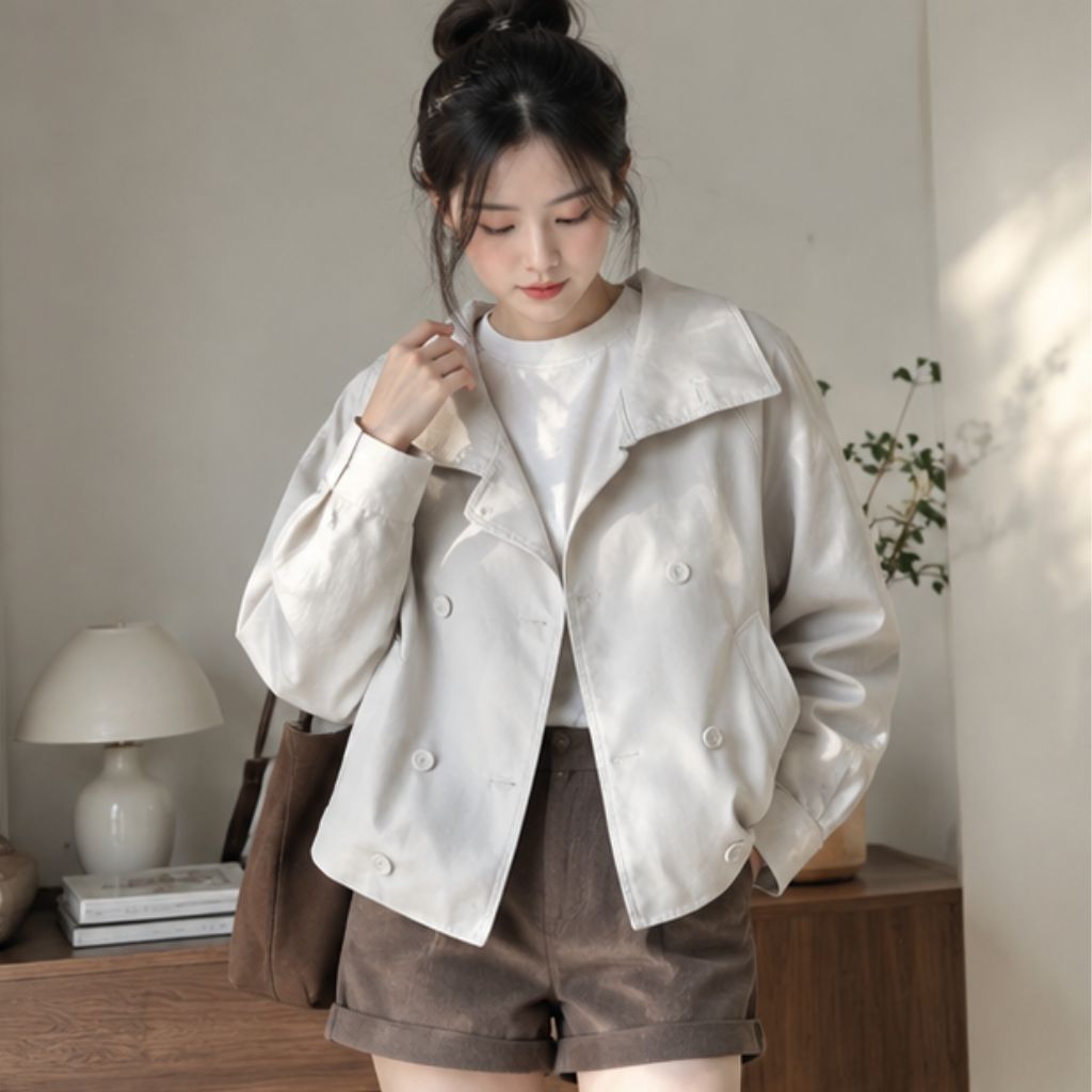 Áo khoác kaki cổ cao dáng rộng cúc bọc chất kaki dày Miho House - Ảnh 3