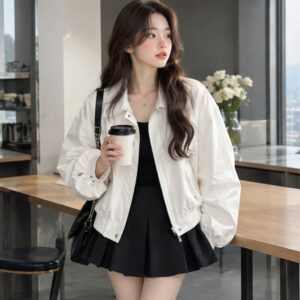 Áo khoác kaki nữ cổ bẻ khóa kéo trẻ trung, dễ phối đồ