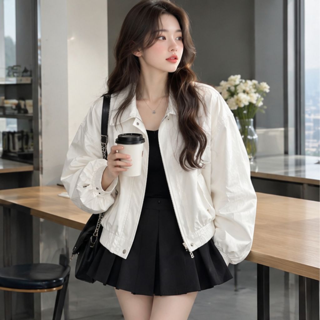 Áo khoác kaki nữ cổ bẻ khóa kéo trẻ trung, dễ phối đồ