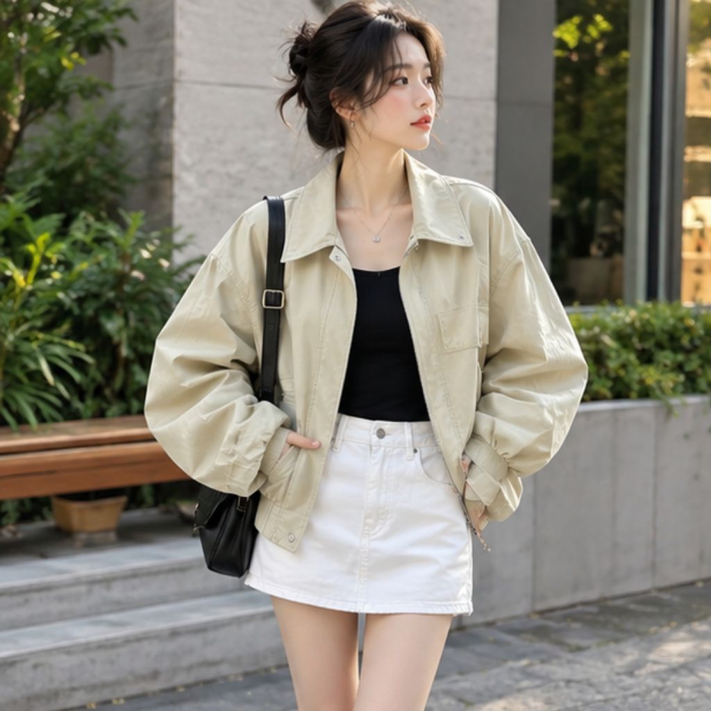 Áo khoác kaki nữ cổ bẻ khóa kéo trẻ trung, dễ phối đồ - Ảnh 2