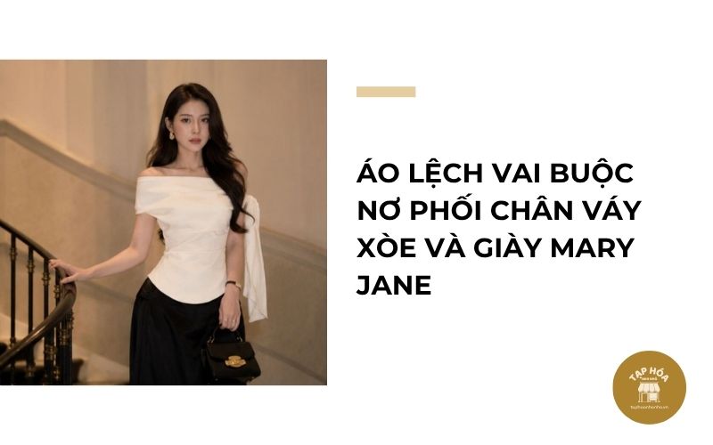 Áo lệch vai buộc nơ phối chân váy xòe và giày Mary Jane