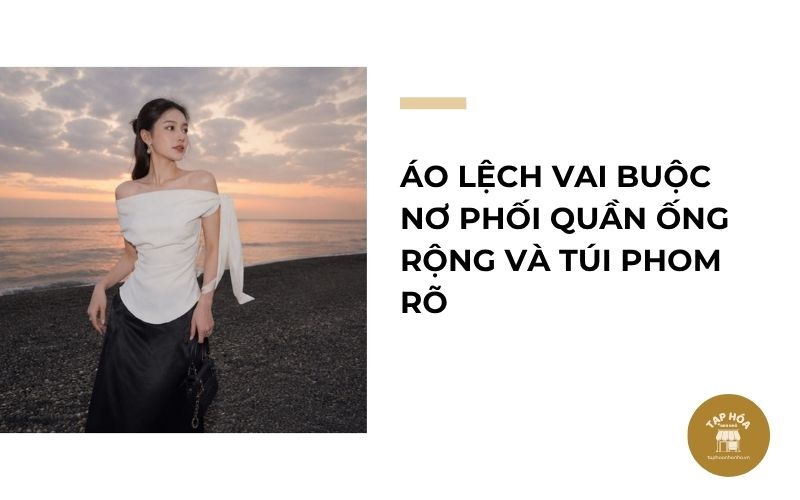 Áo lệch vai buộc nơ phối quần ống rộng và túi phom rõ