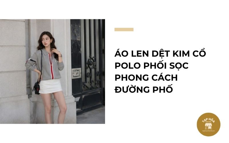 Áo len dệt kim cổ Polo phối sọc phong cách đường phố
