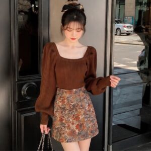 Áo len váy thu đông nữ trẻ trung phong cách Xiaoxiangfeng
