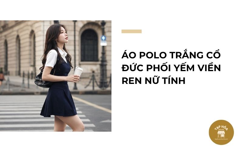 Áo polo trắng cổ đức phối yếm viền ren nữ tính