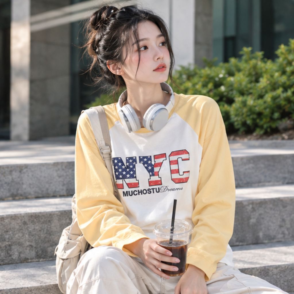 Áo thun boxy tay dài raglan phối chữ Hàn Quốc Miucho trẻ trung