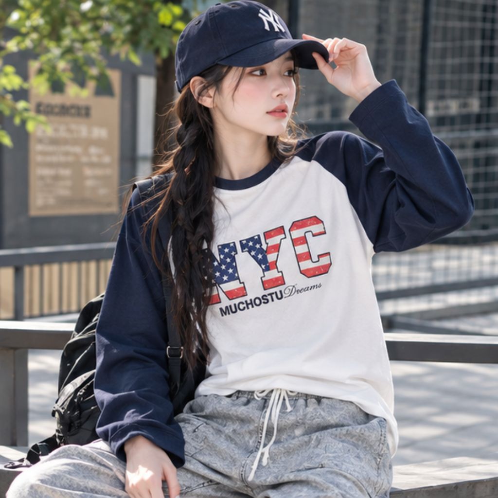 Áo thun boxy tay dài raglan phối chữ Hàn Quốc Miucho trẻ trung - Ảnh 3